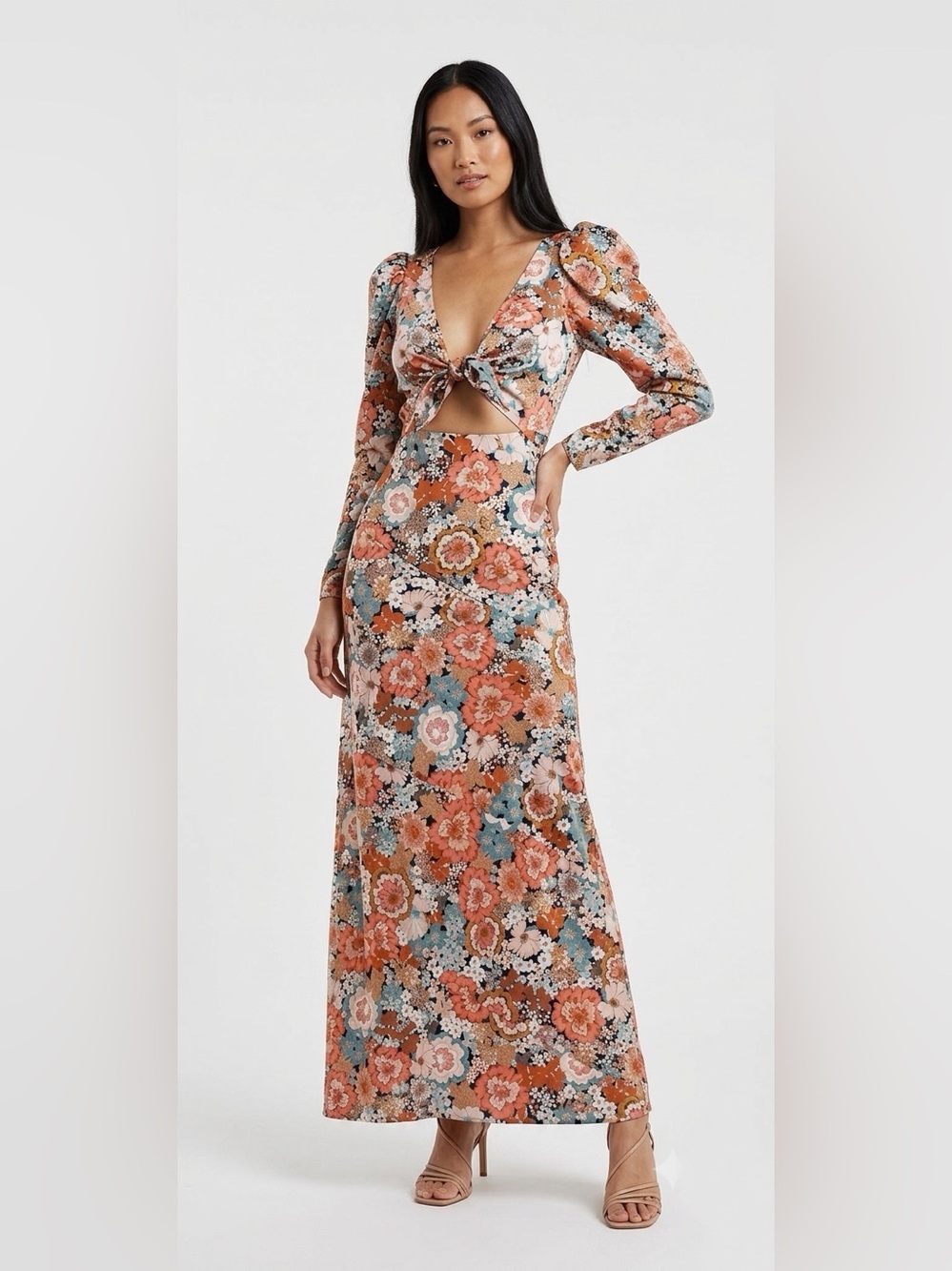 For Love & Lemons Long-Sleeve Floral Tie-Front Maxi Dress Size XS